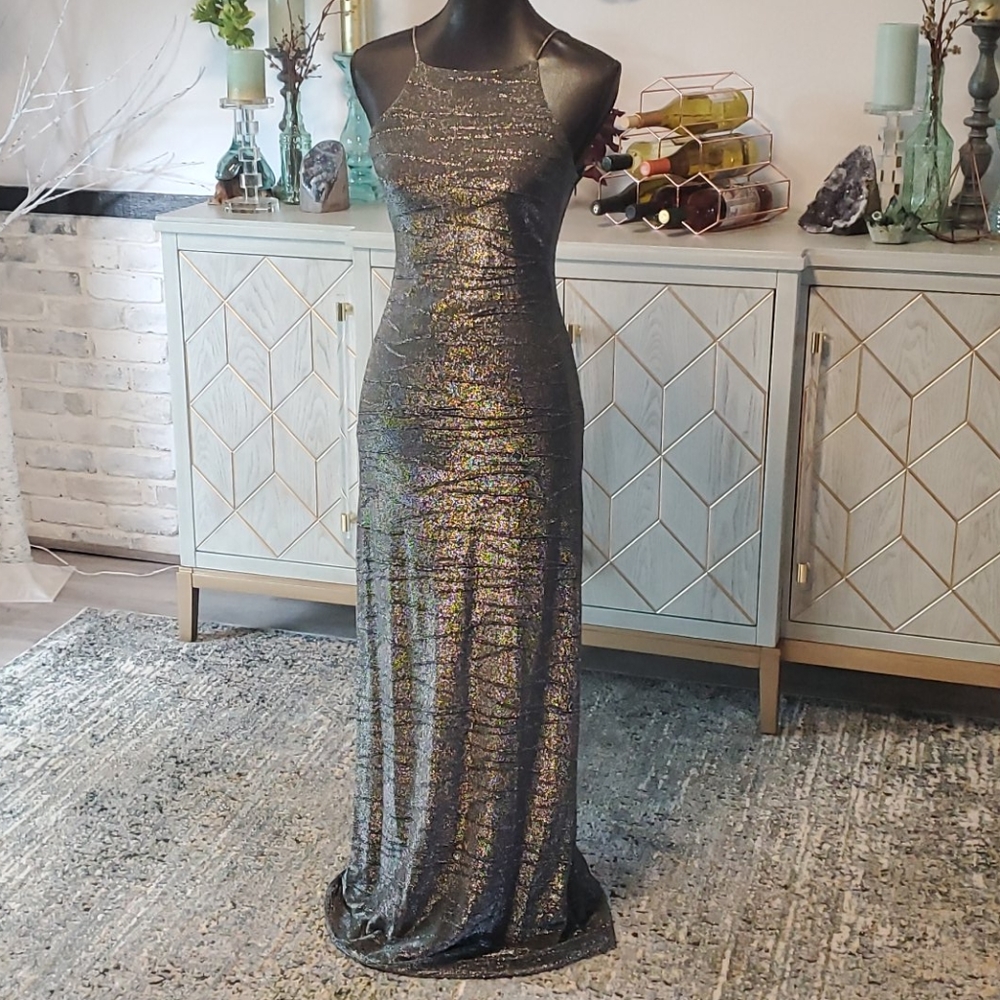 Metallic Silver Lace Up Homecoming Dress 5/6